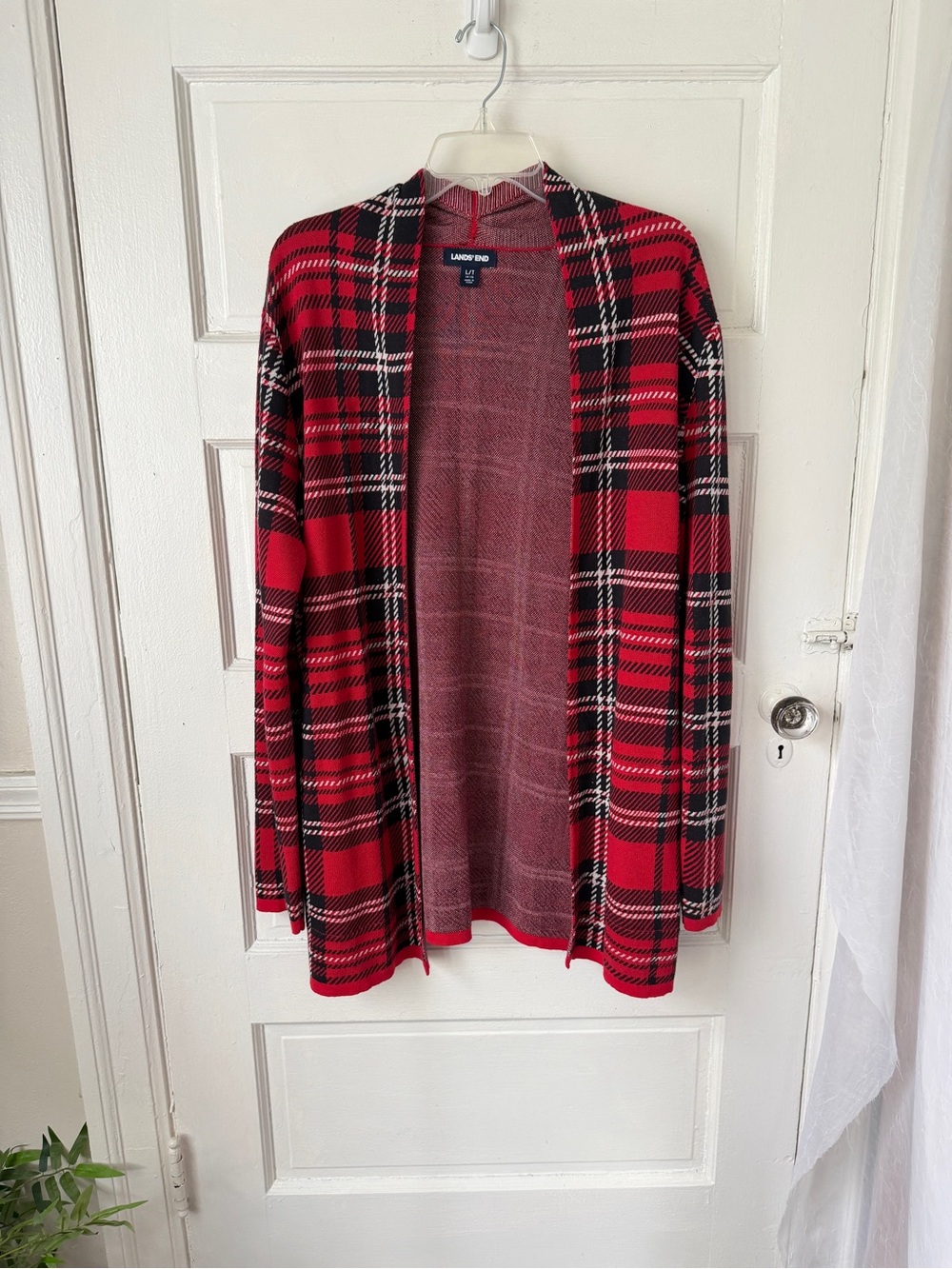 Lands' End Red Black Plaid Open Front Knit Cardigan Sweater Longline Pockets L/T